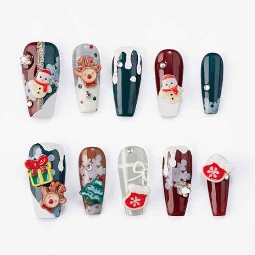Press On Nails, 10 Pcs, Exclusive for Christmas, Cute 3D Reusable Gel Nails, Thick Acrylic, Custom Made, Long Trapezoid, Stronger, Gifts for Women/Girls (Cute Christmas, M)