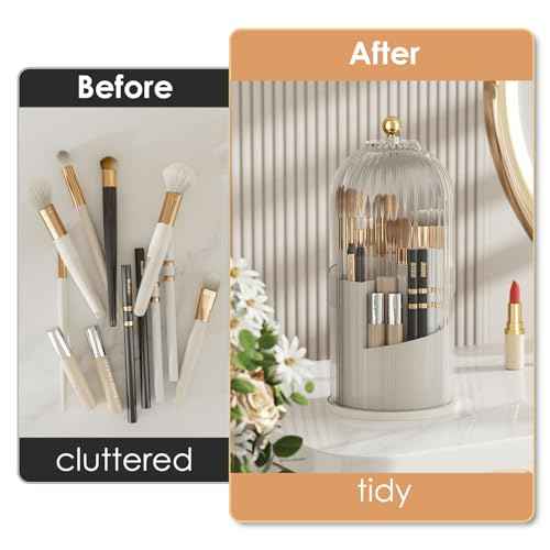 Makeup Brush Holder with Lid 360 Rotating Clear Dustproof Make Up Organizers for Vanity Bathroom Countertop, Transparent