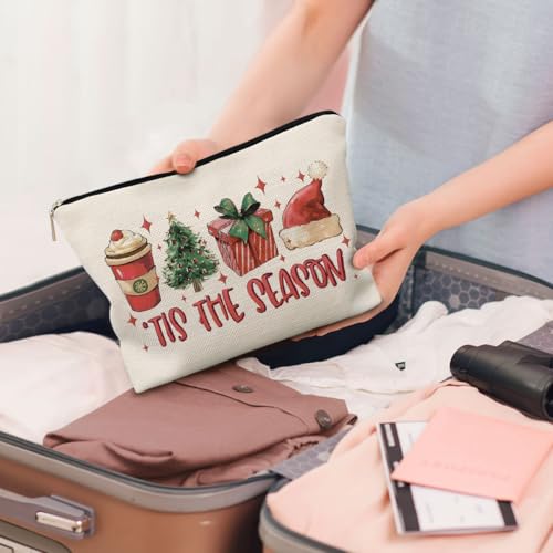 Tis the Season Christmas Makeup Bag, Red Santa Hat Gift Box Cocoa Christmas Tree Cosmetic Bags with Zipper for Women's Gifts