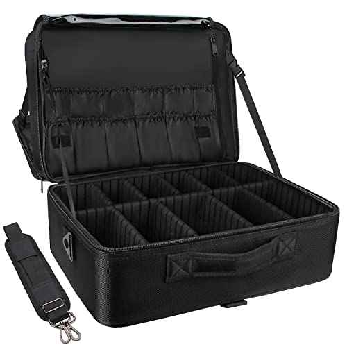 Relavel Extra Large Makeup Case Travel Makeup Train Case Professional Makeup Artist Bag Portable Nail Organizer Box Art Supply Case with Adjustable Dividers/Attach to Trolley/Shoulder Strap (Black)