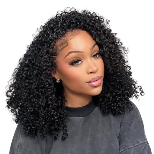 Kinky Curly Half Wig Human Hair 180% Density 3 In 1 Seamless Flip Over Half Wigs Human Hair Glueless Wear and Go Beginner Friendly 18 Inch Drawstring Headband Wig Human Hair for Women Natural Black