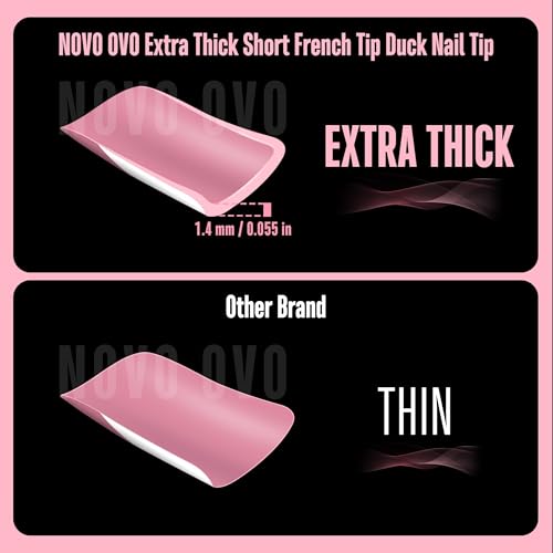 NOVO OVO French Tip Short Duck Nail Tips Press on, Pre-designed Soft Gel Nail Extension, BERRY PINK Pre-applied Tip Primer & Base Coat, Full Cover Matte Vrial False Nails for DIY x 12 Sizes 240 pcs