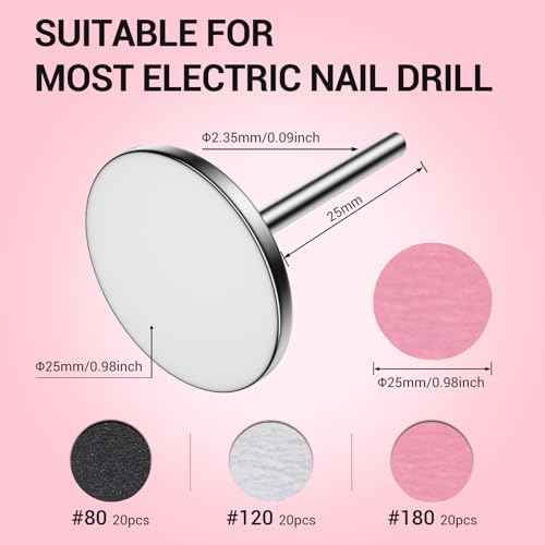 MelodySusie 60 Pcs Replacement Sandpaper Discs with 25mm Metal Nail Drill Bit, 80 Coarse 120 Medium 180 Fine Grit for Electric Foot File Callus Remover Tool or Polishing Craft