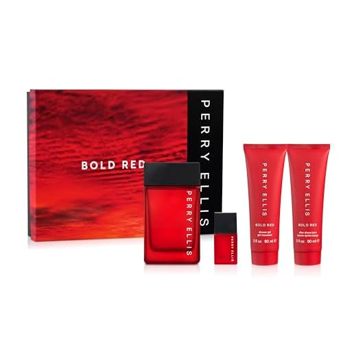 Perry Ellis Bold Red Gift Set: 3.4 fl oz eau de toilette,3 oz aftershave,3 oz shower gel,.25 fl oz travel mini - lime, parsley, mandarin, nutmeg, cinnamon, lavender, sandalwood, patchouli, cedarwood