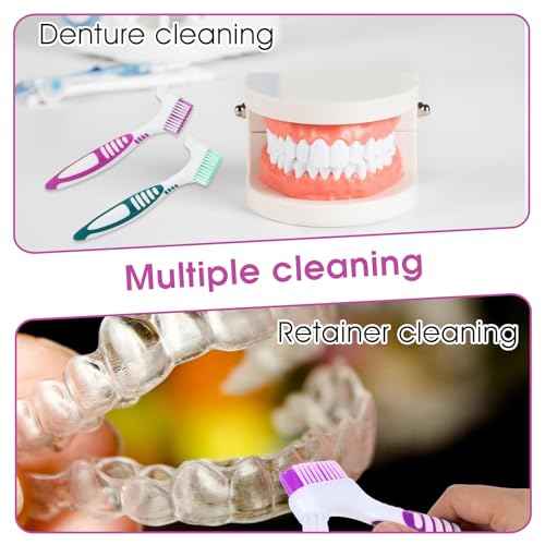4 Pcs Denture Brush, Portable Denture Toothbrushes with Carrying Case, Dual Angled False Teeth Care Cleaning Brush with Multi-Layered Soft Bristles (Purple, Green, Blue, Orange)
