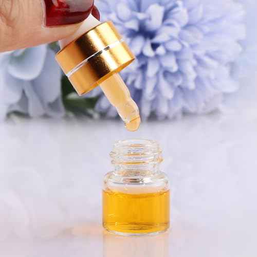100 Pack 1ml Clear Glass Dropper Bottles with 4 Pcs Plastic Droppers, Mini Sample Dropper Bottles for Essential Oils Perfume Cosmetic Liquid, Empty Travel Sample Vials with Gold Cap