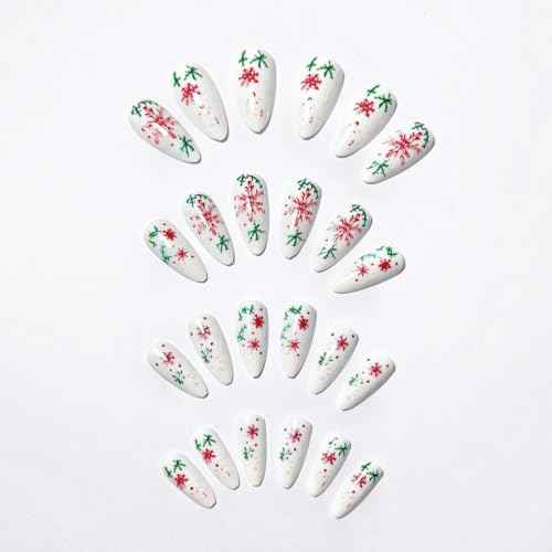 24Pcs Christmas Press on Nails Medium Almond Fake Nails with Christmas Holly Designs Winter Snowflake Acrylic Nails Xmas false nail kits Full Cover Snow Stick on Nails for Women New Year Party Decor