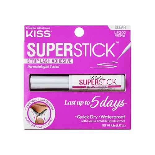 KISS Super Stick 5-Day Extended Wear Strip Lash Adhesive, Quick Drying Lash Glue, Witch Hazel & Cactus Extract Infused, Brush Applicator, Net Wt. 4.8g (0.17 oz.), Clear