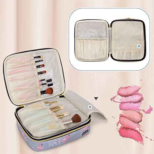 Teamoy Travel Makeup Brush Case, Portable Makeup Brush Organizer Professional Cosmetic Pouch Bag with Handle for Womens Makeup Essentials, Flamingo