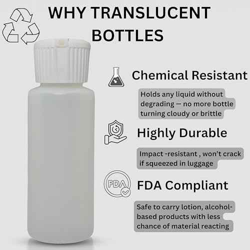 Translucent Squeeze Plastic Bottles with Flip Top Caps, 2 oz TSA Approved, Set of 3, Chemical Resistant, FDA Compliant. Safe for Premium Costmetic, Shampoo, Conditioner and DIY projects.