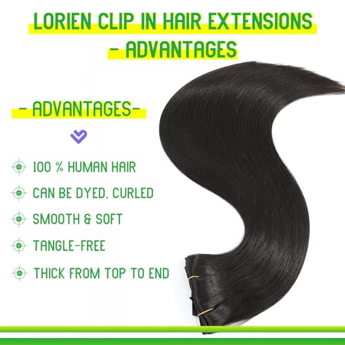 LORIEN Clip in Hair Extensions Real Human Hair, 22 Inch 110g, 1B Natural Black, Clip in 100% Brazilian Remy Human Hair Extensions 8pcs Per Set with 18 Clips Double Weft