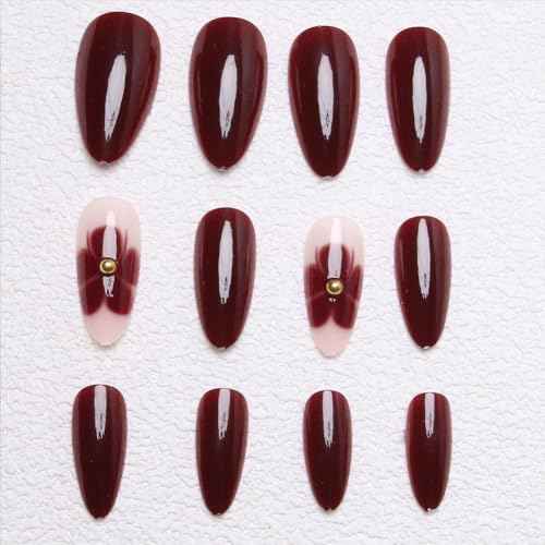 24Pcs Flower Press on Nails Almond Red Fake Nails with Cute Floral Design Spring Wine Red Glue on Nails Medium Length Full Cover Stick on Nails for Women Acrylic False Manicure