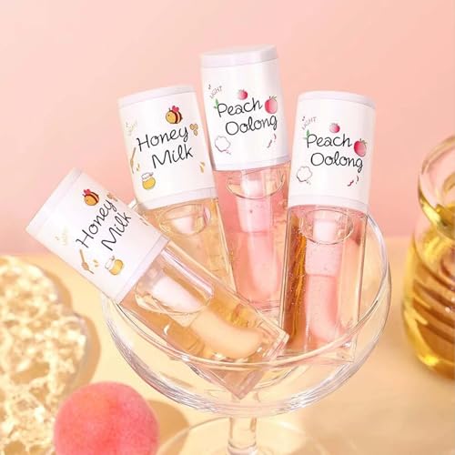 4PCS Tinted Hydrating Lip Oil Set,Clear Lip Gloss,Honey Lip Oil,Lip Gloss Flavoring Oil Long Lasting Nourishing for Women Girls