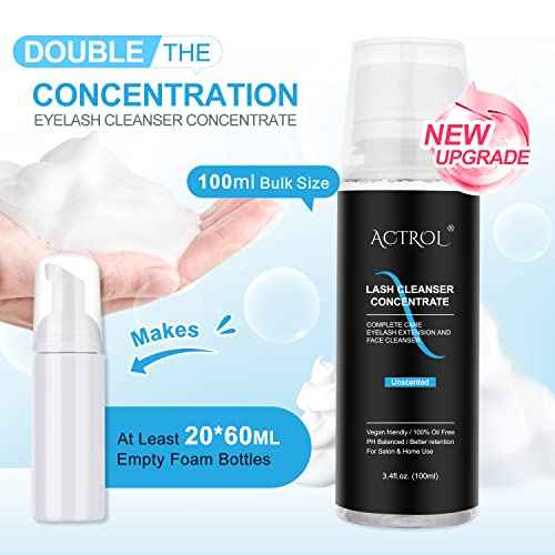Eyelash Cleanser Concentrate 100ml Unscented Professional Lash Shampoo Foaming Cleanser Wash for Extensions Lashes with Salon Home Care-Makes 20 Bottles