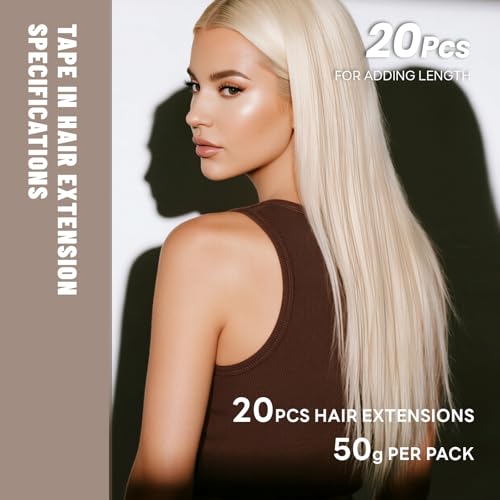 Tape in Hair Extensions Human Hair 20 Inch 50g 20Pcs Remy Human Hair Extensions Invisible Straight Seamless Tape in Extensions (20in, 50g, #16/22)