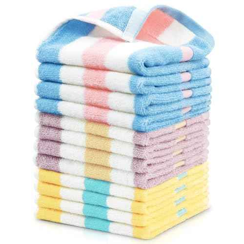 Jacquotha Cotton 12 Pack Striped Washcloths, 13 x 13 Inches, 3 Colors - Face and Body Cleansing Towels