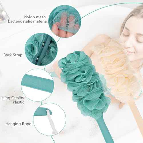 2Pack Back Scrubber for Shower Loofah with Long Handle, Shower Brush for Body, 17¡È Loofah on a Stick for Men Women Bathing Accessories, Scrubber Sponge for Exfoliating Bath Brushes (Beige & Green)