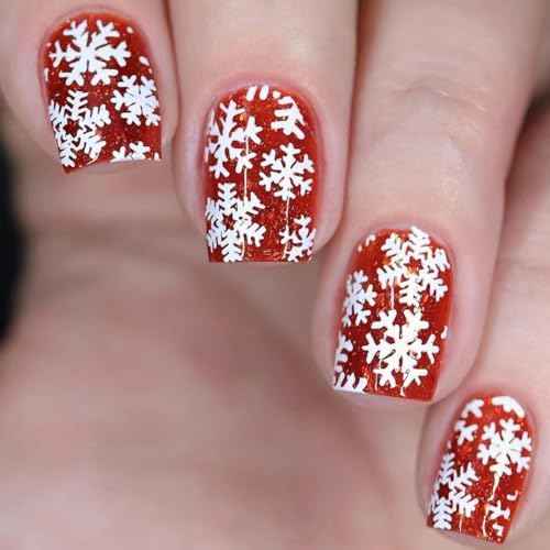Christmas Red Press on Nails Short Square Fake Nails with Snowflake Designs Red Glossy Artificial Nails Full Cover Stick on Nails Christmas Glue on Nails for Women Nail Art DIY 24Pcs