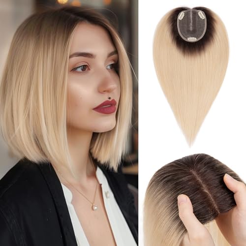 Benehair 12 Inch Hair Toppers For Women Real Human Hair 150% Density 4 * 4.7'' Hand Made Lace Base 100% Remy Human Hair Wiglets Toppers for Thinning Hair No Bangs Ombre Bleach Blonde