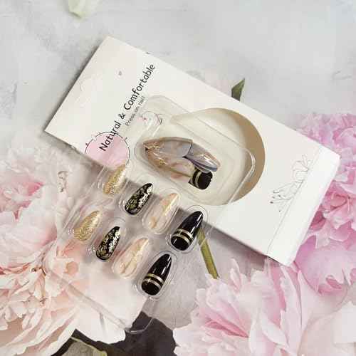 Black Amber Press on Nails Almond Fake Nails Medium Length Gold Foil Glue on Nails with Designs False Nail Tips Exquisite Almond Shape Stick on Nails Medium Artificial Nails for Women 24Pcs