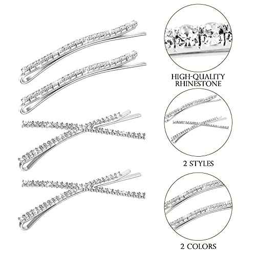 12 Pieces Rhinestone Bobby Pins Decorative Fancy Crystal Hair Clips Shiny Metal X Shaped Barrettes Bling Diamond Wedding Bridal Shower Hair Accessories for Women Ladies Girls (Silver)