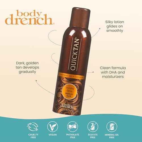 Body Drench QuickTan Instant Self Tanner Bronzing Spray, Salon-Quality Medium/Dark Tan, Streak-Free, Tinted Formula, 6 oz, 1-pack