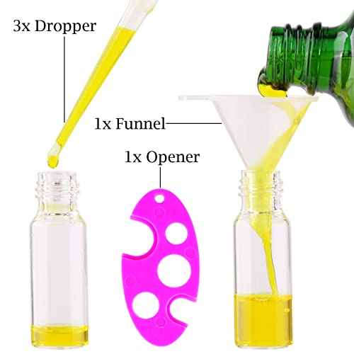 MaxMau Roller Bottles for Essential Oils, 24pcs 5ml Roll on Bottle Clear Glass Sample Test Refillable with Opener Funnel Dropper Golden Cap For Home Travel
