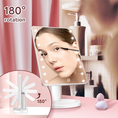 KOOKIN Lighted Vanity Makeup Mirror 16 Led Lights 180 Degree Rotation Lighted Mirror Touch Screen Adjusted Brightness Desk Mirrors USB Dual Supply Bathroom Beauty Cosmetic Mirrors (White)