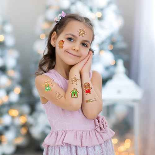 HOWAF 60+Pcs Christmas Gingerbread Temporary Tattoos Stickers for Kids,Funny Gingerbread Man Tattoos for Christmas Party Favor, Xmas Gingerbread Santa Claus Prizes Themed