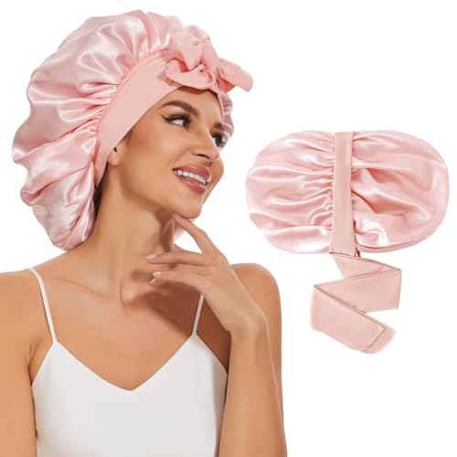 Large Silk Bonnet for Sleeping, Satin Hair Bonnet for Sleeping with Tie Band, Double Layer Satin Bonnets for Women Natural Curly Hair Shower cap