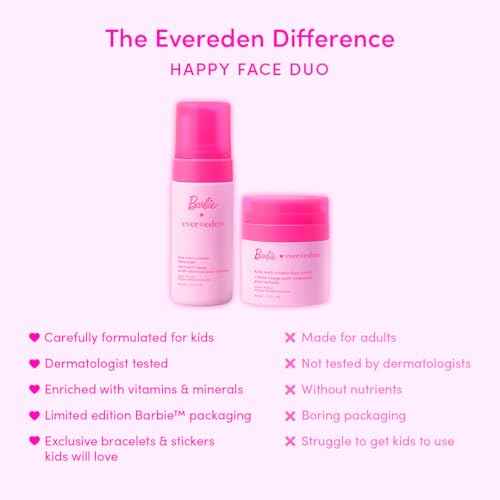 Evereden Barbie Limited Edition Kids Happy Face Duo + Exclusive Accessories | Multi-Vitamin Face Wash & Cream Set with Stickers + Bracelets | Clean Skin Care for 3+ | Barbie Gift Box for Kids