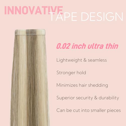Tape in Hair Extensions Real Human Hair Double Stitched Invisible Seamless 20pcs 50g (Balayage Caramel Blonde to Bleach Blonde, 14 inch)
