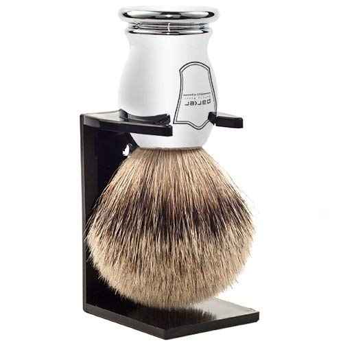 Parker 100% SILVERTIP Badger Shaving Brush – Chrome Handle & Stand – Premium 3-Band Badger Bristles for Smooth, Luxurious Lather