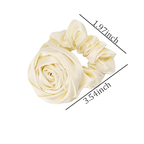 Guqqeuc Satin Rose Hair Scrunchie with Flower Hair Bow for Women Girls Silk Scrunchy Hair Elastics for Long Thick Hair