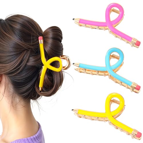 3pcs Pencil Hair Clips, Teacher Hair Claw Clips for Women, Funny Back to School Hair Clip for Thin Hairs, Cute Teacher Hair Clip Barrettes Hair Accessories