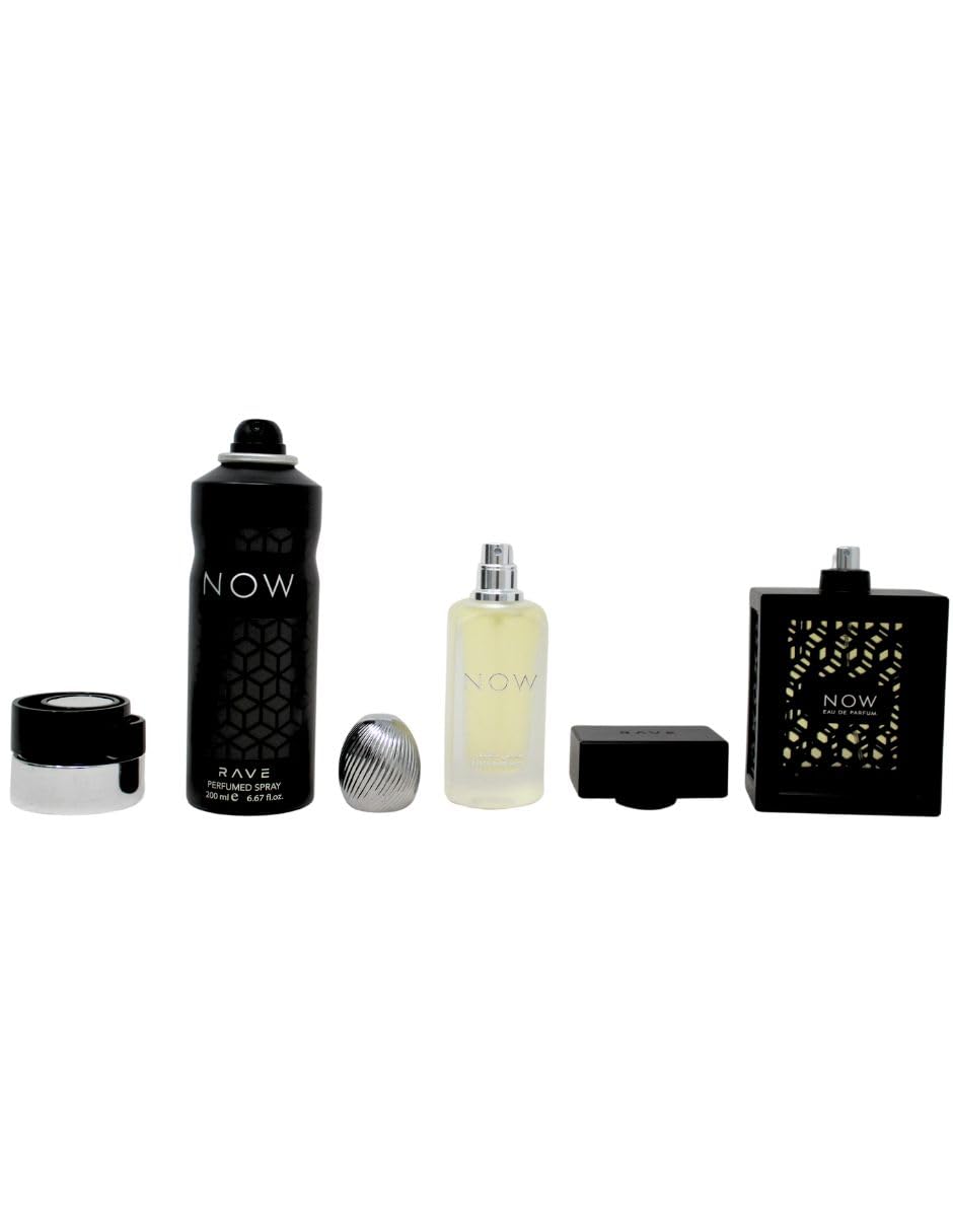 Lattafa Rave Now for Men 3 Piece Set (3.4 Oz Eau de Parfum Spray + 1.7 Oz Hair Mist + 6.7 Oz Deodorant Spray)