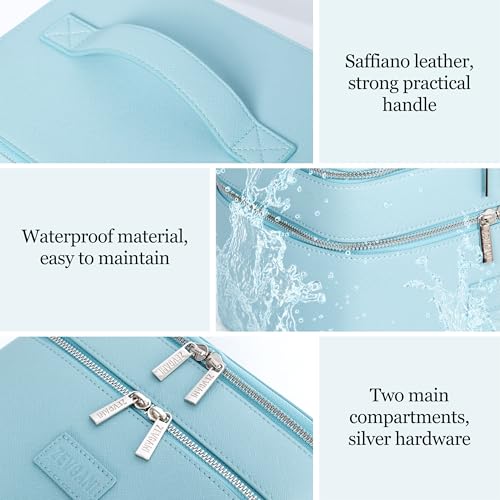ZEVGANI Travel Makeup Bag Vanity Case with Mirror, Large Toiletry Bag Portable Leather Makeup Bag Organizer with Dual Compartments Removable Dividers for Skincare & Brushes, Blue
