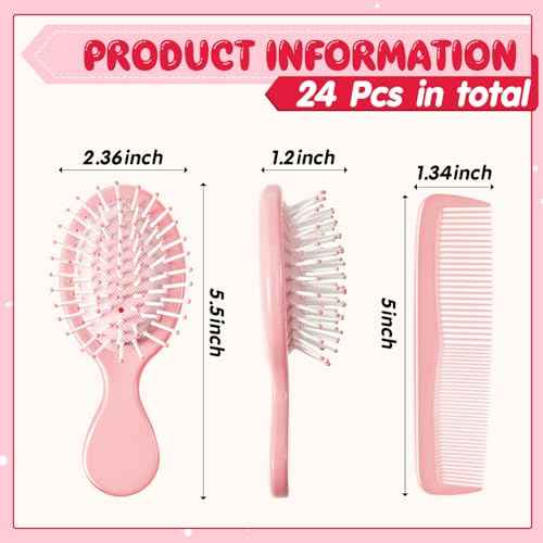 24 Pcs Mini Hair Brush Set 12 Travel Wet Dry Hair Combs Small Pocket Detangling 12 Plastic Combs for Spa Birthday Sleepover Bridal Shower Bachelorette Christmas Party Gift Box(Pink)