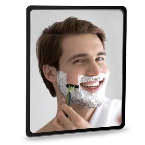 Fog Free Shower Mirror (9 * 7 inch) 3M Adhesive Anti-Fog Bathroom Wall Mirror, Fogless Shower Makeup Mirror for Shaving, Shatterproof Glassless Child Safe Mirror (Rectangular Black Frame)