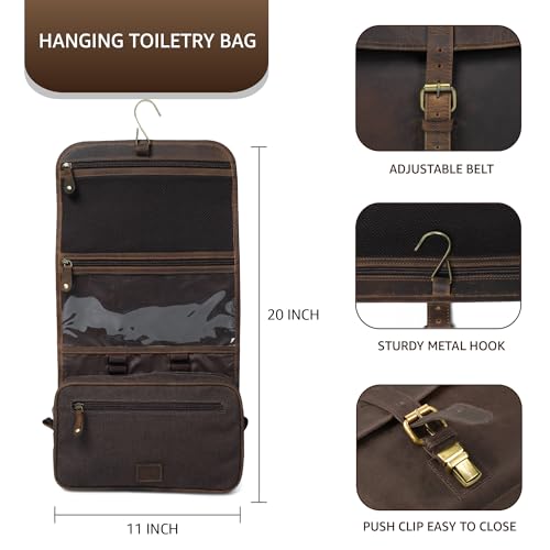 LEATHER VILLAGE Hanging Leather Toiletry Bag for Men & Women, Handcrafted Vintage Cosmetic & Shaving Organizer Travel Dopp Kit Shower Bag - Brown