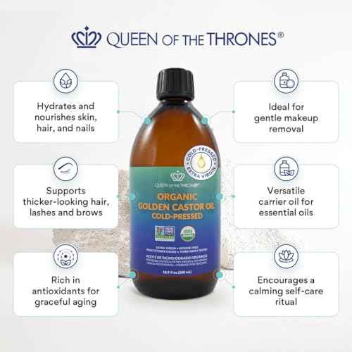 QUEEN OF THE THRONES Organic Golden Castor Oil | 100% Pure for Hair, Skin, Nails, Brows & Lashes | Hexane-Free | USDA Certified [16.9oz (500ml)]