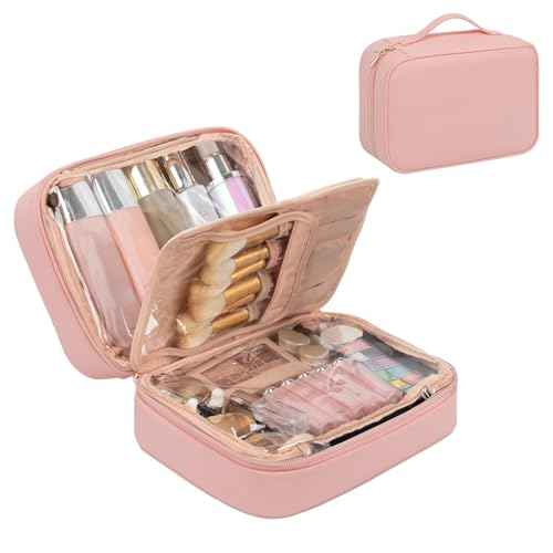 OCHEAL Makeup Bag, Makeup Travel Bag Large Capacity Cosmetic Organizer Bag with Makeup Brush Compartment & Handle for Women Girls Travel Toiletry Accessories-Pink
