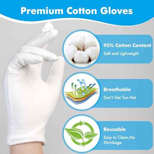 4 Pairs White Gloves, Breathable Cotton Gloves for Dry Hands Sleeping, Reusable White Cotton Gloves for Eczema SPA and Moisturizing Overnight, Washable Work Gloves for Women and Men