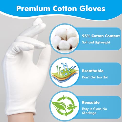 4 Pairs White Gloves, Breathable Cotton Gloves for Dry Hands Sleeping, Reusable White Cotton Gloves for Eczema SPA and Moisturizing Overnight, Washable Work Gloves for Women and Men