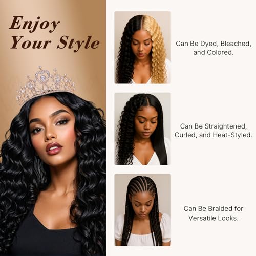Wequeen 16A Deep Wave Human Hair Bundles 14 16 18 Inch 100% Unprocessed Brazilian Virgin Hair Quick Weave Bundles Human Hair Extensions Real Human Hair, Natural Black