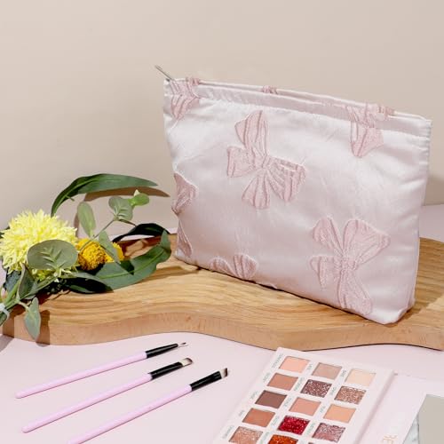 Makeup Bag Large Capacity Elegant Bow Preppy Cosmetic Bag Aesthetic Design Canvas Zipper Organizer Pouch Cute Roomy Pink Portable Toiletry Bag for Women Girls Travel Storage Accessories