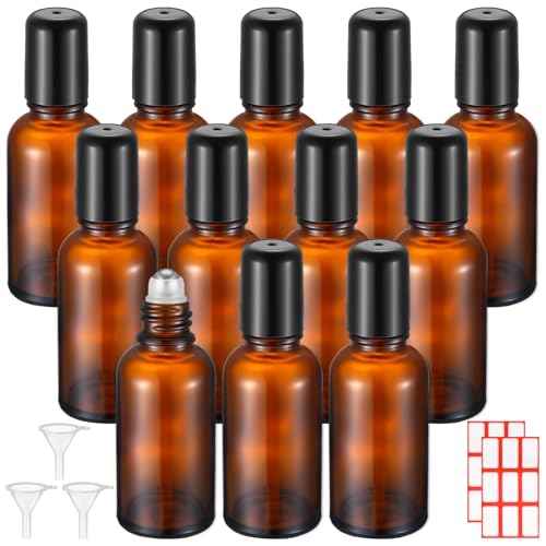 Sumind 12 Pcs 30ml Roller Glass Bottle Essential Oil with Stainless Steel Refillable Sample Container Brown Empty Roller Bottle Applicator with Funnel Sticker for Travel(Amber)