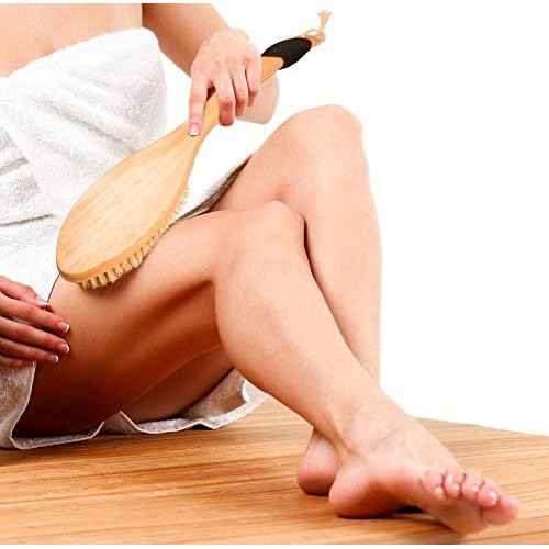 OWIIZI Bath Brush Wooden Curved Long Handle Antiskid Shower Brush for Exfoliating, Natural Bristle Scrubber for Back Use Wet or Dry