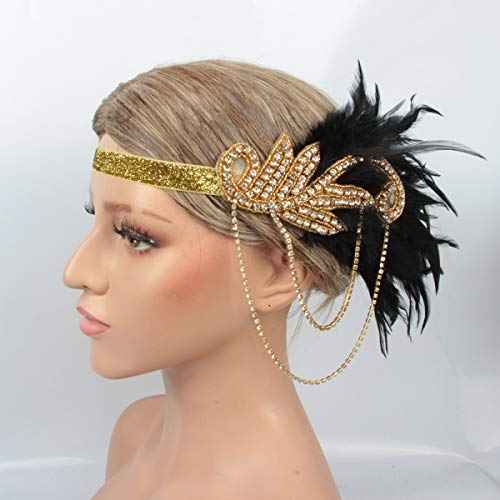 1920s Flapper Headband Roaring Vintage Feather Headpiece Gold Bling Rhinestone 20s Gatsby Hair Accessories for Women