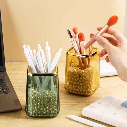 Gold Clear Makeup Brush Holder, Vintage Cosmetic Beauty Organizers Cup for Vanity, Lip Pencil Holder Vintage Lipstick Holder - Green